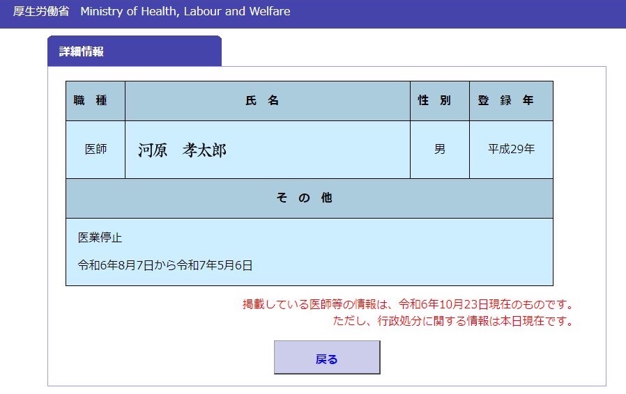 河原孝太郎は医師免許停止